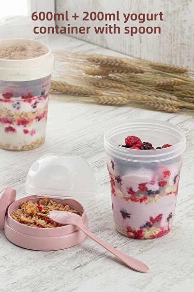 Melkan Home Portable Yogurt Container with Spoon - 600 ml + 200 ml Storage Container - Practical Portable Nutrition Container