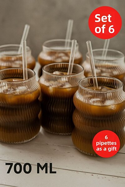 Open Home Concept Set of 6 Glass Iced Cold Coffee Glass + Glass Straw Gift 700 ml