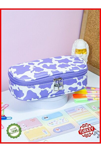 OneSize Husă pentru creion Design oval cu un singur compartiment Piele vegană cu temă vacă liliac (suport pentru stilou)