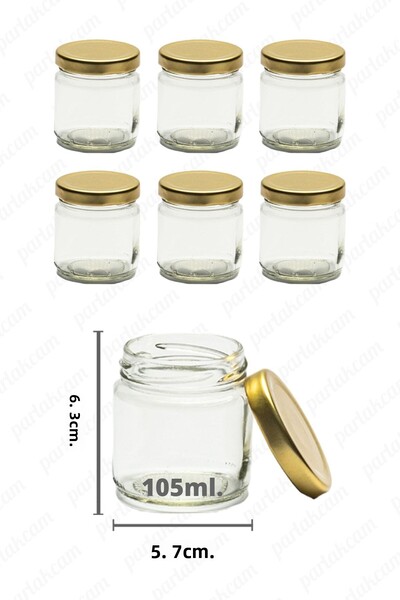 parlakcam 6 Pieces Glass Jar 105ml Gold Metal Decked Decorative Jar Suitable for Food, Cream and Food Use