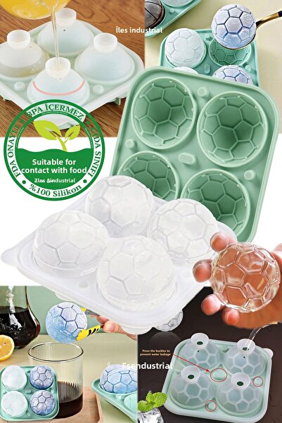 İLES Silicone Soccer Ball Large Size 4 Compartment Ice Mold with Lid, Green