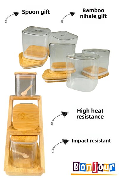 Bonjour 11 Pieces Bamboo - Trivet Borosilicate Jar with 3 Jars and Spice Bowl and Spoon Gift