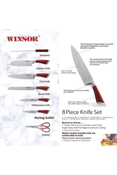 Winsor طقم سكاكين مكون من 8 قطع - ألوان متنوعة أسود / رمادي / أحمر