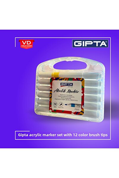 Gıpta مجموعة أقلام تحديد أكريليك مكونة من 12 قلمًا - رأس فرشاة، صندوق مع حقيبة