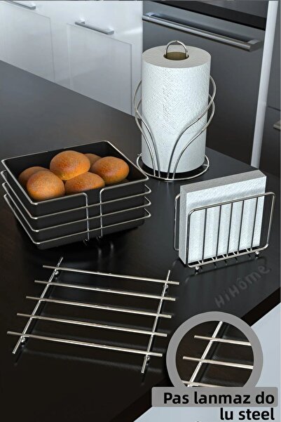 hihome Silver Chrome Bread Basket and Service Presentation Set Towel Holder Napkin Holder Trivet Bread Dish Set of 4