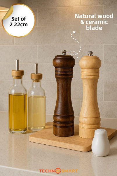 TechnoSmart Set of 2 Natural Wooden Mill Spice Grinder Pepper Salt Coffee Salt Shaker Pepper Shaker