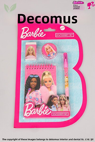 Barbie New Season Licensed Barbie with Dekomus 4-Piece Stationery Set Notebook, Snap-On Pencil, Eraser and