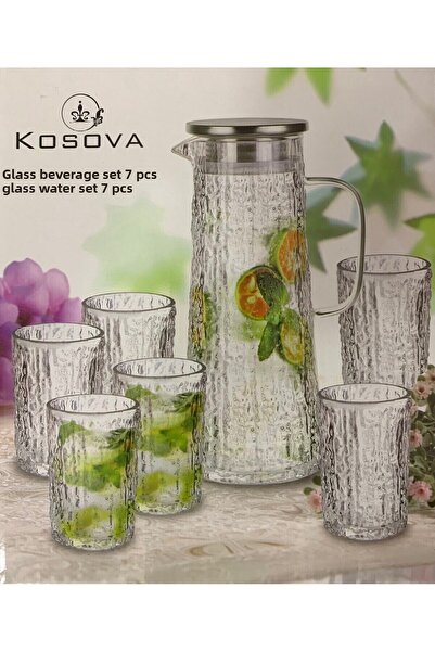 Kosova Züccaciye طقم مياه زجاجي مكون من 7 قطع، إبريق سعة 1500 مل و6 أكواب