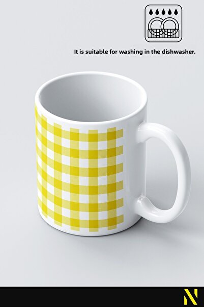 nilizma Yellow Colored Plaid Gingham Patterned Mug – 330 ml Mug |   Stylish and Durable Design