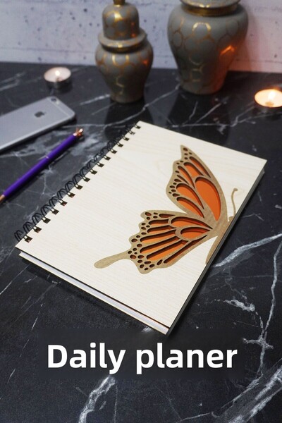 markcat مخطط يوميات بتصميم فراشة بغلاف خشبي - جدول زمني غير مؤرخ - دفتر التخط...