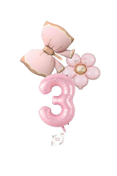 BAL10 DÜNYASI Pink Color Bow Daisy and Number Foil Balloon Set Age 3