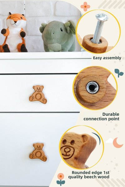 Üreet Teddy Bear Patterned (2 Pcs) Baby Kids Room Wooden Furniture Cabinet Drawer Handle