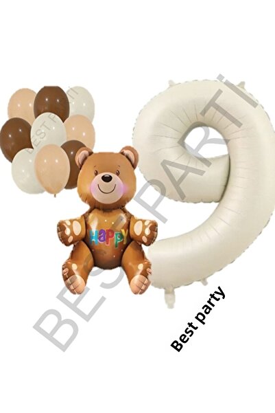BEST PARTİ DOĞUM GÜNÜ PARTİ SÜSLERİ Beige Number Bear Foil and Latex Balloon ...