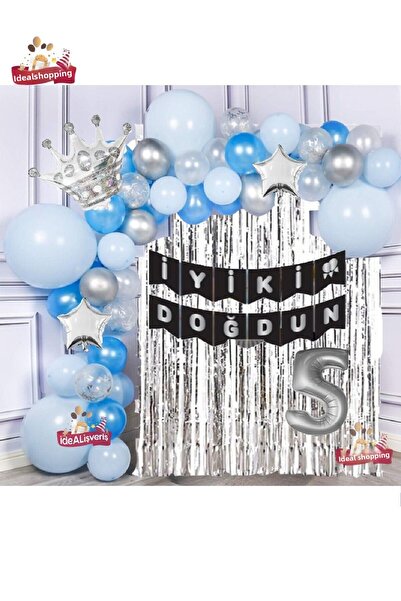 Bkmc Silver Blue Concept Starry King Crowned Age 5 Balloon Chain Σετ γενεθλίω...