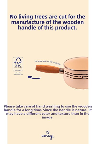 EMAYlab Black Cupid Wooden Handle Heart Pattern Enamel Sauce Pan 1.3 Liters