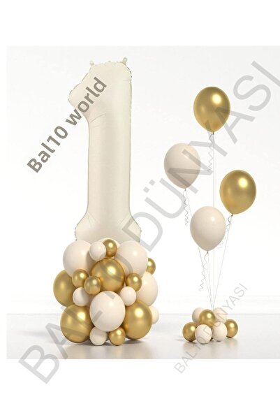 BAL10 DÜNYASI Beige Number Foil and Chrome Pastel Balloon Set Age 1