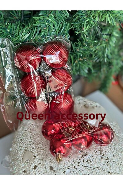 QUEEN AKSESUAR Imported Economic Collectable Cici Ball Pine Wood Decoration Ornament Metallic Glossy Set of 12 Red