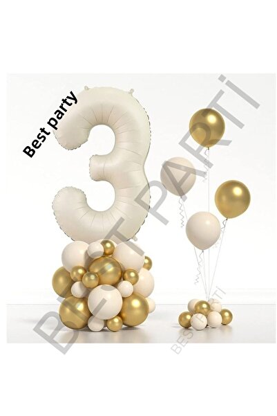 BEST PARTİ DOĞUM GÜNÜ PARTİ SÜSLERİ Beige Number Foil and Chrome Pastel Ballo...