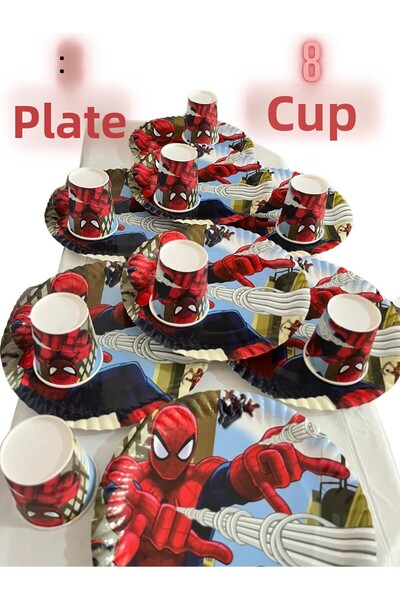 partyrüyası Spiderman Themed Paper Plate and Cup Party Set for 8 People