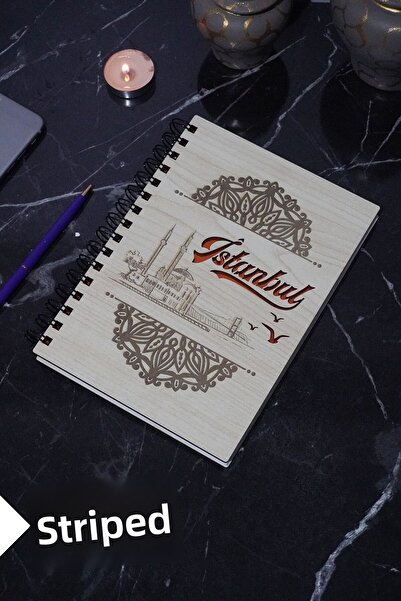 markcat دفتر ملاحظات بغطاء خشبي مخطط بطابع اسطنبول - جدول الأعمال والكتب المد...