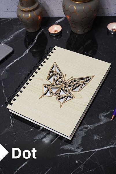 markcat Butterfly Themed Dotted Notebook with Wooden Cover - Agenda and School Notebook (A5 - 120 Pages)
