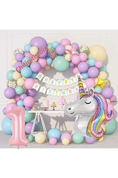 Ezgi Party Store مجموعة حفلات أعياد الميلاد الفاخرة تحت عنوان بالون يونيكورن مكونة من 100 معكرونة للأطفال بعمر سنة واحدة