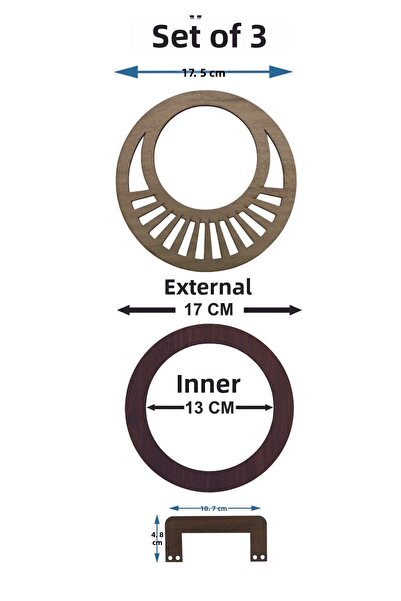 şamaksesuar Set of 3 Wooden Bags - Handle (3 Pairs), 6 Pieces, Brown & Rosary