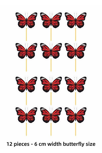 printiks 12 قطعة من مسواك الفراشة الحمراء لتزيين الكيك من الورق السميك