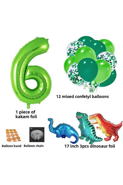 Patladı Gitti مجموعة ديناصورات عمرها 6 سنوات؛ رقائق أرقام، 3 ديناصورات صغيرة و10 بالونات