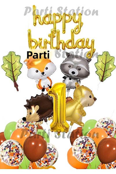Parti Station مجموعة بالونات عيد ميلاد بتصميم حيوانات الغابة للسنة الأولى من ...
