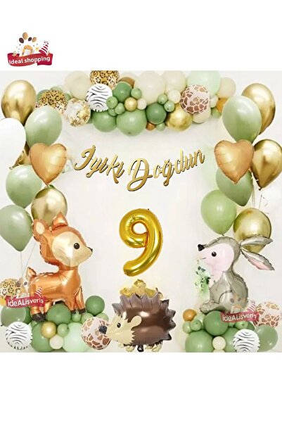 Bkmc Σετ γενεθλίων Ceylan Rabbit Age 9 - Foil Mold Green and White Balloon Chain