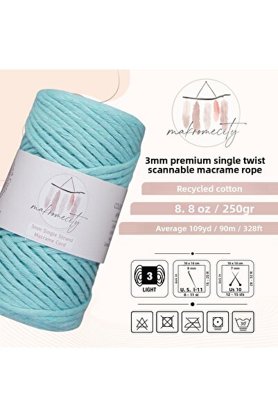 Makromecity خيط مكرامية تاران 3 مم من القطن الممشط، خيط مكرامية بالنعناع