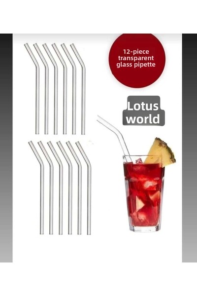 LOTUS DUNYASI Me-Ka Home 12-Piece TRANSPARENT Curved Glass Straw.. Glass Curved Straw 12' PCS