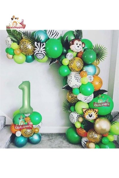 BKMC PARTY Set de baloane cu lanț de lux din folie cu tematică Safari de 1 an - ornament pentru petrecerea de aniversare