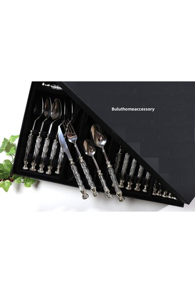 BULUTHOMEAKSESUAR طقم عشاء كريستال مكون من 24 قطعة فضي