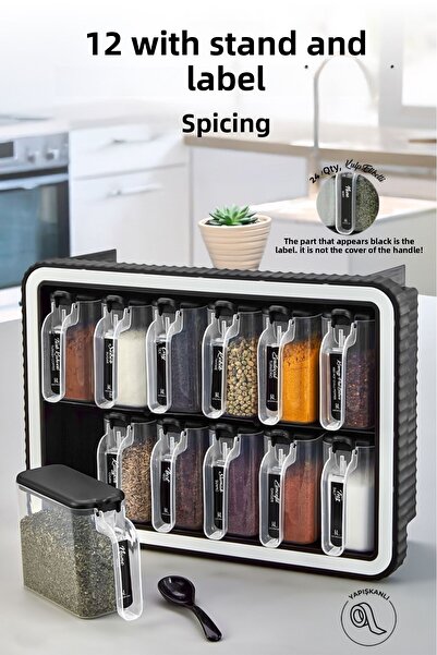 NESS HOME طقم أطباق توابل مكون من 12 قطعة بغطاء ذاتي اللصق ومقبض وخزان غير قابل للكسر وخفيف الوزن