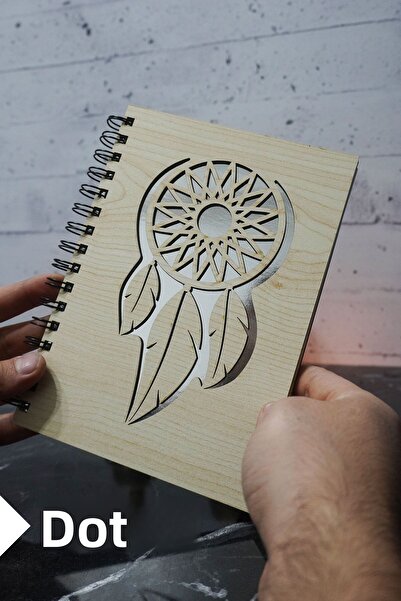 markcat Dream Catcher Themed Notebook with Wooden Cover - Dotted Agenda and School Notebook (A5 - 120 Pages)