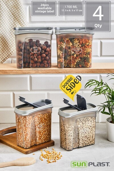 Sunplast 4-Piece Storage Container Set - Leak Proof Ergonomic Double Sided Lid - Anthracite Food Container - 1700ml