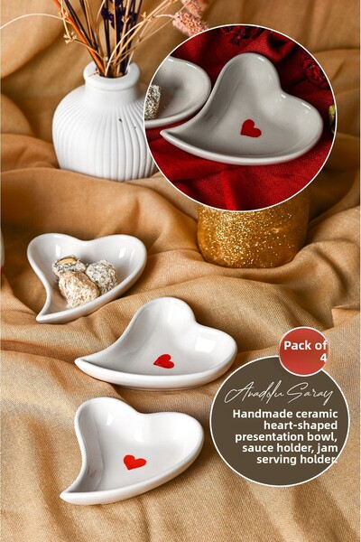 Anadolu Saray Set of 4 Handmade Ceramic Heart Design Coffee Side Turkish Delight Bowl and Jam Presentation Dish Decorative Plate