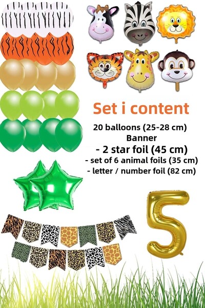 Patladı Gitti Safari Concept 5 Years Birthday Party Celebration Set;Number and Star Foil, Banner and Balloon Chain