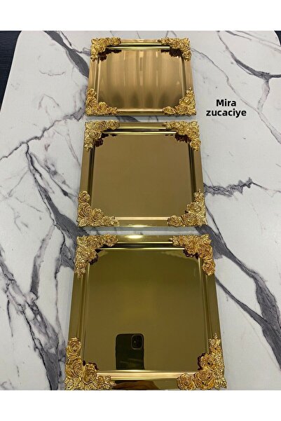 Mira züccaciye Gold Flower Patterned 3-piece Luxury Presentation Tray - 4 Cor...