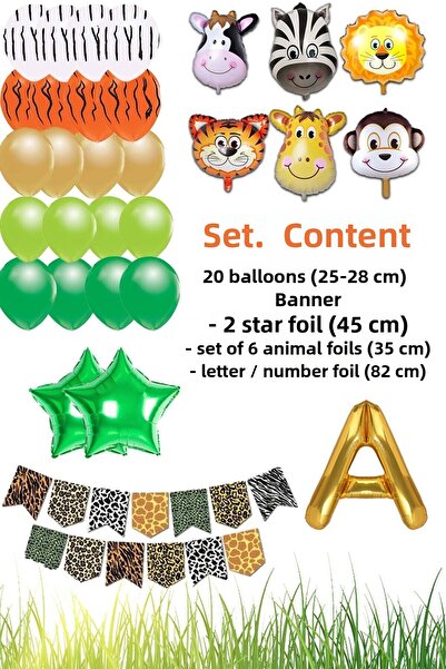 Patladı Gitti مفهوم سفاري - مجموعة احتفالات حفلات أعياد الميلاد مع حرف A؛ حرف ورقائق معدنية على شكل نجمة، لافتة وسلسلة بالون