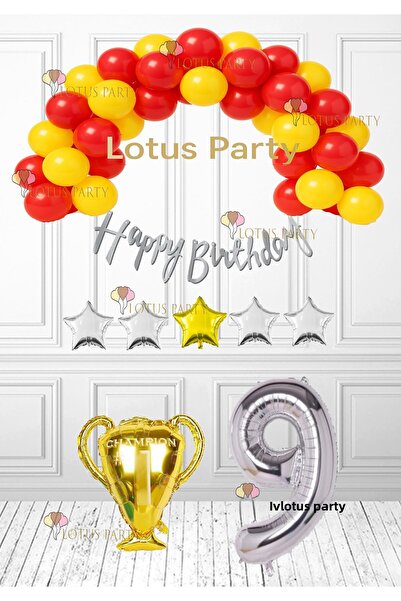 LOTUS PARTY مجموعة أعياد ميلاد ذات طابع أصفر وأحمر لعمر 9 سنوات، بالون أصفر و...