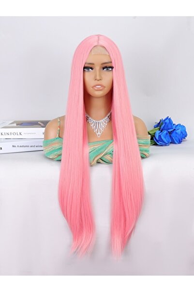 Suzan Peruk مسحوق الوردي مستقيم طويل النيون تول شعر مستعار تأثيري