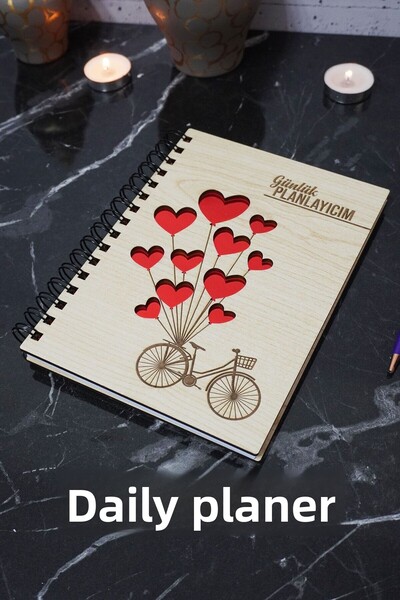 markcat Bicycle Heart Balloon Wooden Plan Notebook - A5 Daily Planner