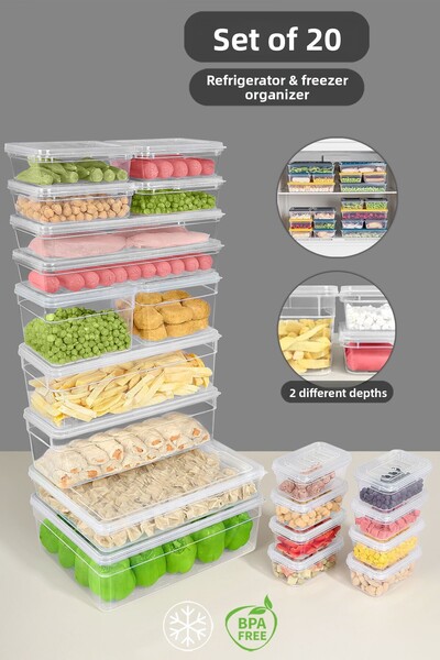 Meleni Home 20 Piece Deep and Shallow Food Storage Container Set - Transparent Lid Microwave Compatible Organizer Organizer