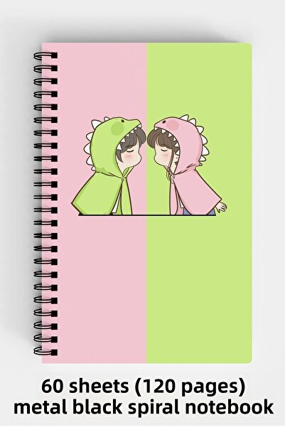 Anime Marketi Cute Dinosaur Couple Design A5 Spiral Hard Cover Notebook 120 Sheets