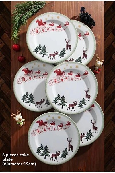 Pinkev 6 Person Porcelain 19cm New Year Patterned Cake Dessert Plate Plate Set