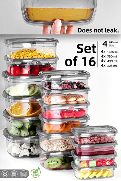 Meleni Home Set of 16 Anthracite Colored Leak Proof Storage - Organizer Organizer Food Container 4X(225-430-750-1220)Ml