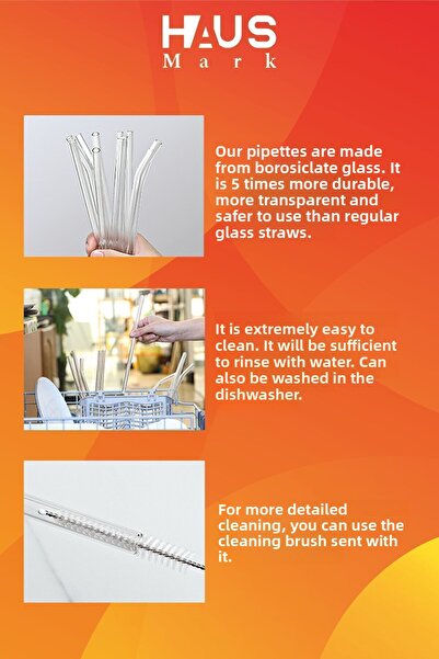 HAUSMARK 4 Flat Glass Straws 13cm, 1 Cleaning Brush, First Quality thermosilicate borosilicate coffee cup